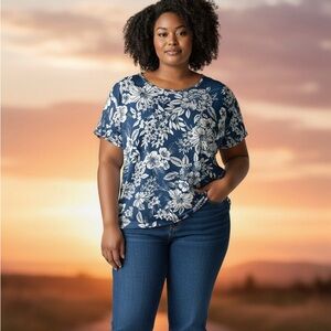 C&C California Linen Floral Scoop Neck Short Sleeve Blouse Size 3X